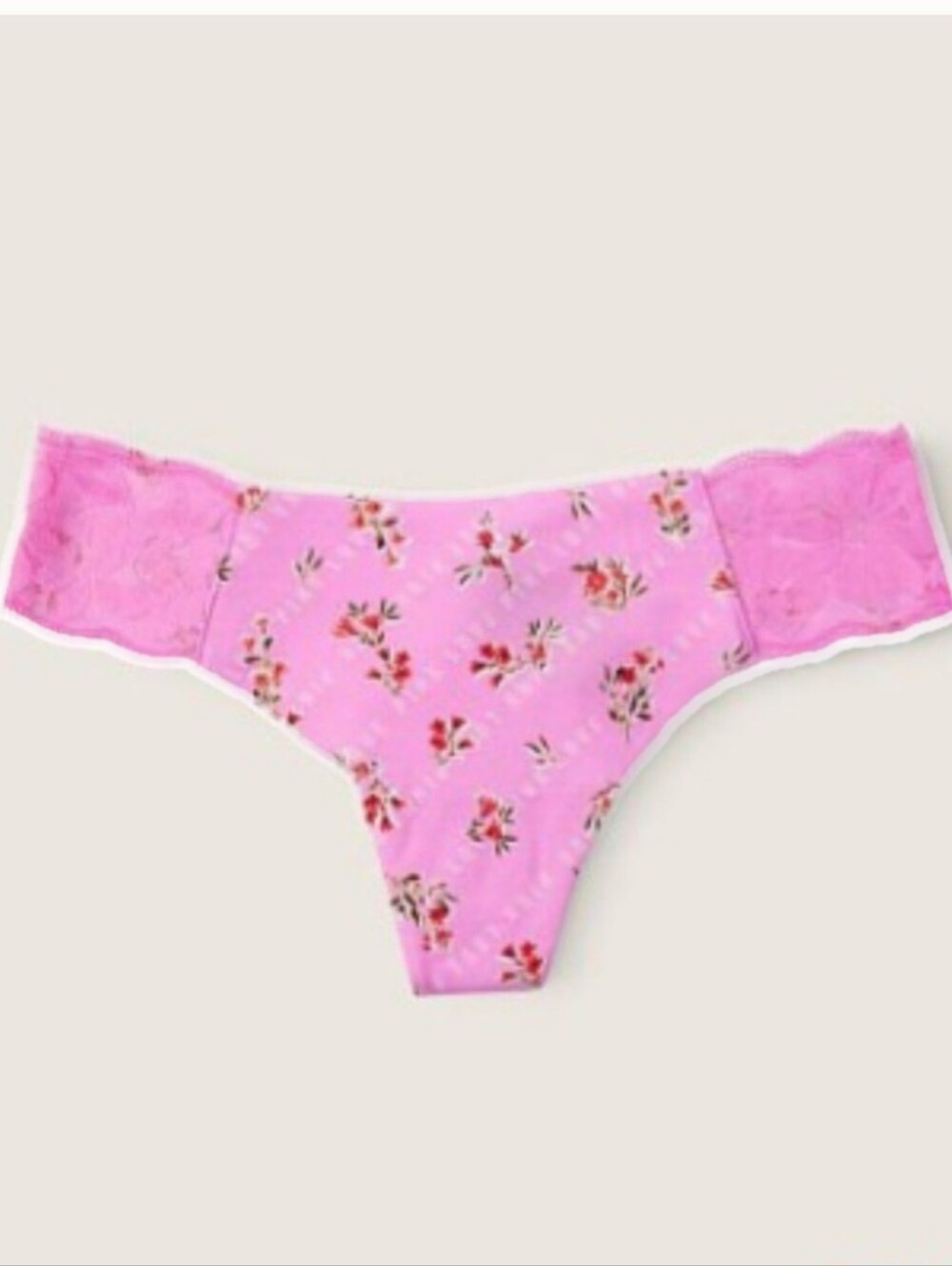 Victoria Secret PINK Bright Pink No Show Floral Lace-Trim Thong